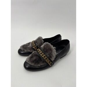 Kenneth Cole NY Black Leather Chain Fur Loafers Mules Size 7 Quiet Luxury